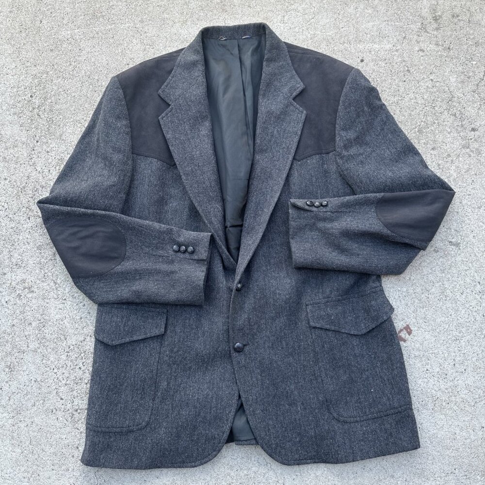 PENDLETON Wool Tweed Western Sport Coat Elbow Patches Leather Button Gray 48